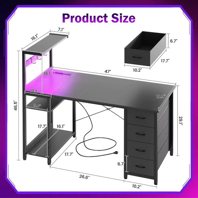 Alt view image 3 of 7 - 47in Gaming Computer Desk with Drawers & Storage Shelf & Iron Hook, Black,LED Light, Power Outlet, Reversible Gaming Table, Study Work Desk, Pc Desk, Escritorio Gamer for Small Space, Home Office