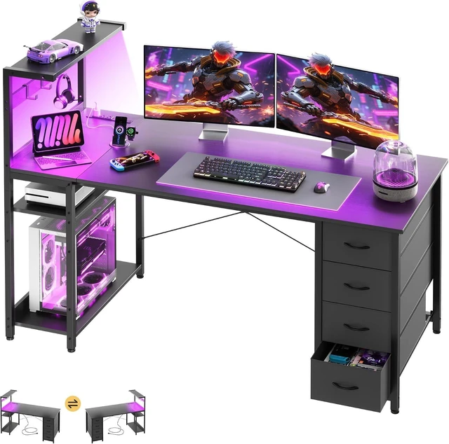 Main image of 55in Gaming Computer Desk with Drawers & Storage Shelf & Iron Hook, Black,LED Light, Power Outlet, Reversible Gaming Table, Study Work Desk, Pc Desk, Escritorio Gamer for Small Space, Home Office