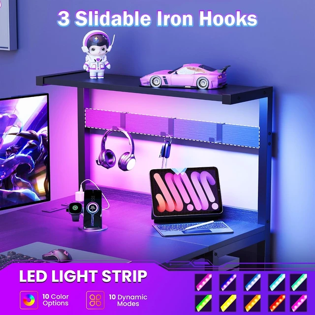 Alt view image 6 of 7 - 55in Gaming Computer Desk with Drawers & Storage Shelf & Iron Hook, Black,LED Light, Power Outlet, Reversible Gaming Table, Study Work Desk, Pc Desk, Escritorio Gamer for Small Space, Home Office