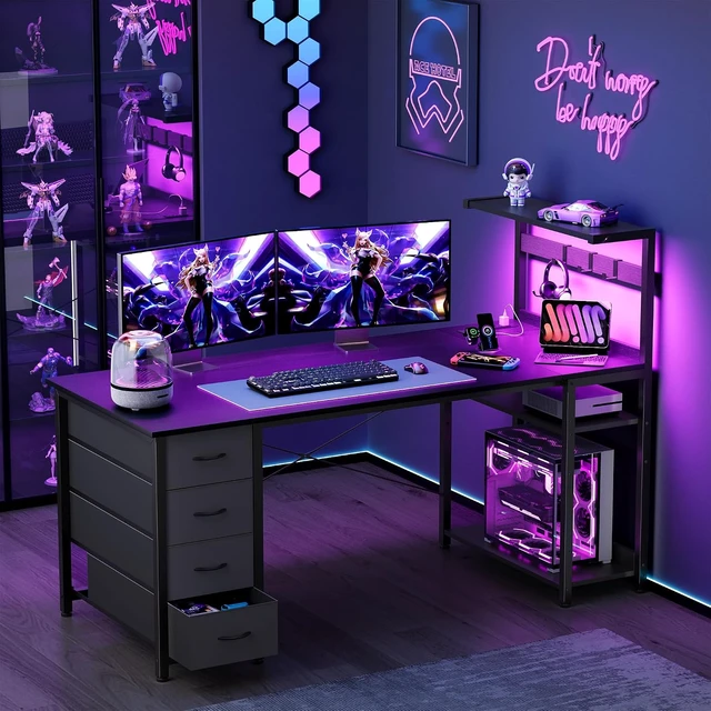 Alt view image 4 of 7 - 55in Gaming Computer Desk with Drawers & Storage Shelf & Iron Hook, Black,LED Light, Power Outlet, Reversible Gaming Table, Study Work Desk, Pc Desk, Escritorio Gamer for Small Space, Home Office