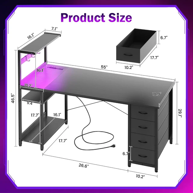 Alt view image 7 of 7 - 55in Gaming Computer Desk with Drawers & Storage Shelf & Iron Hook, Black,LED Light, Power Outlet, Reversible Gaming Table, Study Work Desk, Pc Desk, Escritorio Gamer for Small Space, Home Office