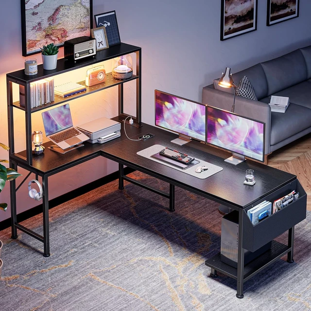 Alt view image 7 of 7 - L Shaped Gaming Desk with LED Lights & Power Outlets,Reversible Computer Desk with Storage Shelves & Bag, Large Corner Home Office Desk with Pegboard for Work from Home, Black