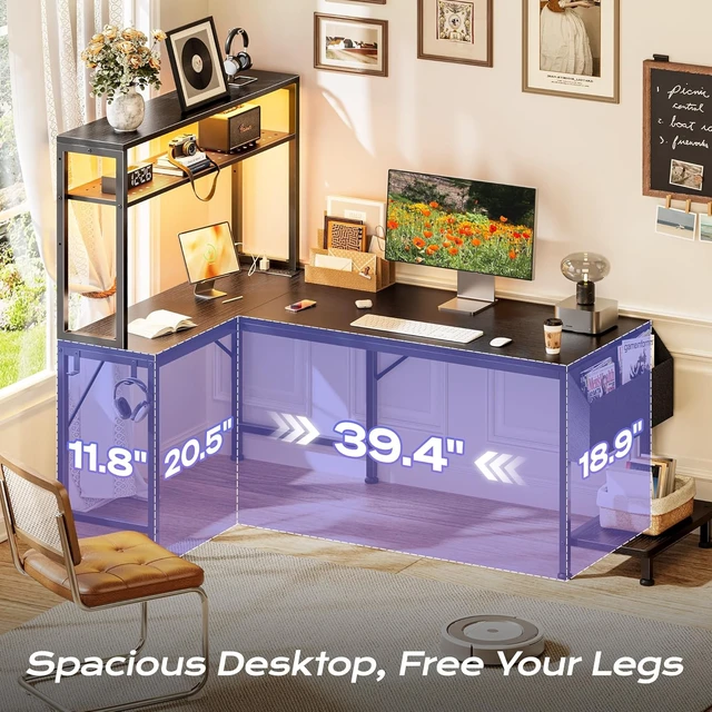 Alt view image 6 of 7 - L Shaped Gaming Desk with LED Lights & Power Outlets,Reversible Computer Desk with Storage Shelves & Bag, Large Corner Home Office Desk with Pegboard for Work from Home, Black