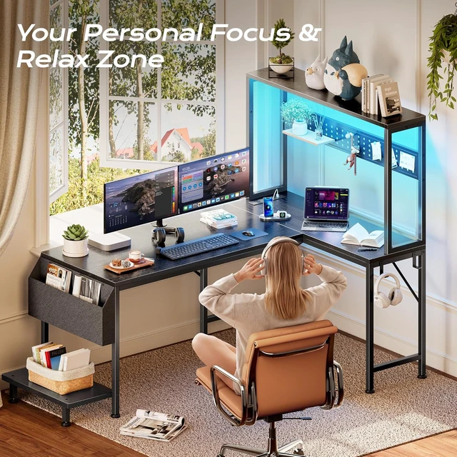 Alt view image 2 of 7 - L Shaped Gaming Desk with LED Lights & Power Outlets,Reversible Computer Desk with Storage Shelves & Bag, Large Corner Home Office Desk with Pegboard for Work from Home, Black
