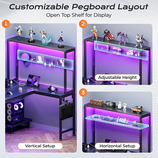 Alt view image 6 of 7 - L Shaped Gaming Desk with LED Lights & Power Outlets,Reversible Computer Desk with Storage Shelves & Bag, Large Corner Home Office Desk for Work from Home, Carbon Fiber Black