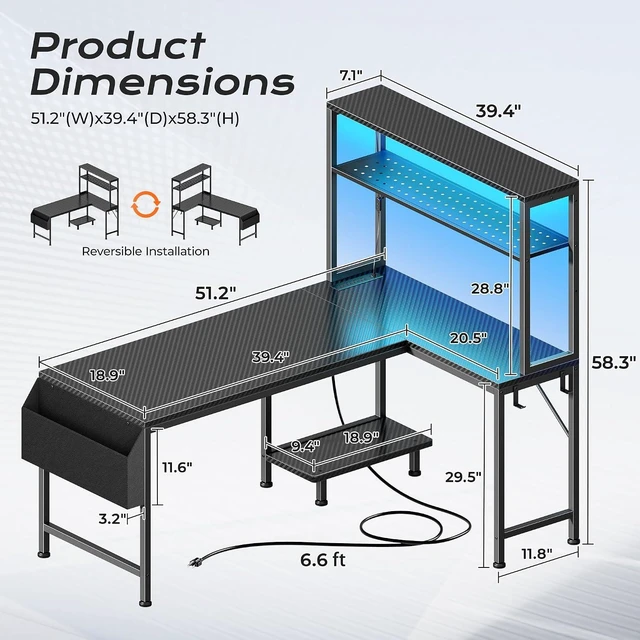Alt view image 3 of 7 - L Shaped Gaming Desk with LED Lights & Power Outlets,Reversible Computer Desk with Storage Shelves & Bag, Large Corner Home Office Desk for Work from Home, Carbon Fiber Black