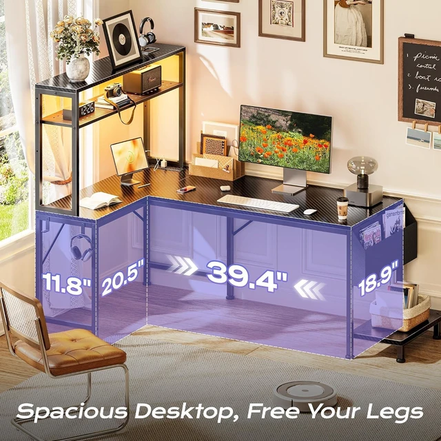 Alt view image 2 of 7 - L Shaped Gaming Desk with LED Lights & Power Outlets,Reversible Computer Desk with Storage Shelves & Bag, Large Corner Home Office Desk for Work from Home, Carbon Fiber Black