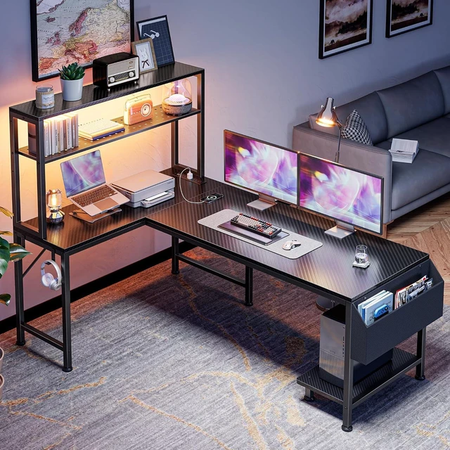Alt view image 4 of 7 - L Shaped Gaming Desk with LED Lights & Power Outlets,Reversible Computer Desk with Storage Shelves & Bag, Large Corner Home Office Desk for Work from Home, Carbon Fiber Black