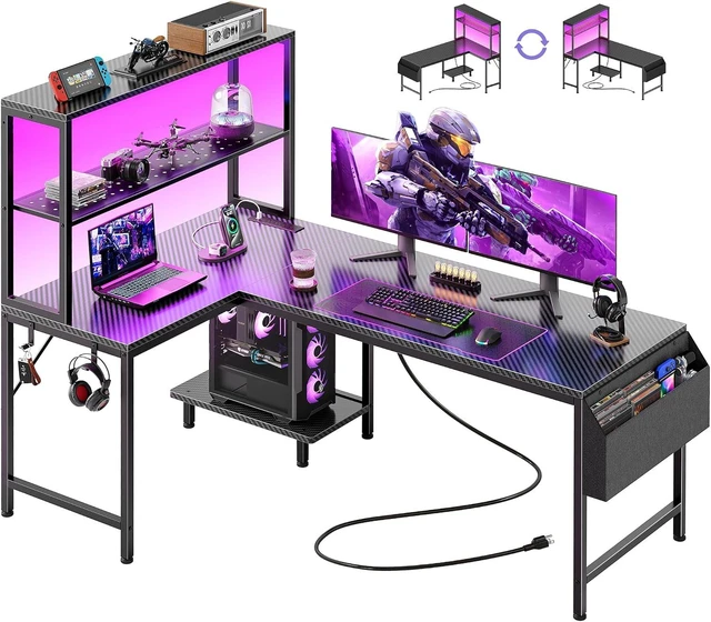 Main image of L Shaped Gaming Desk with LED Lights & Power Outlets,Reversible Computer Desk with Storage Shelves & Bag, Large Corner Home Office Desk for Work from Home, Carbon Fiber Black