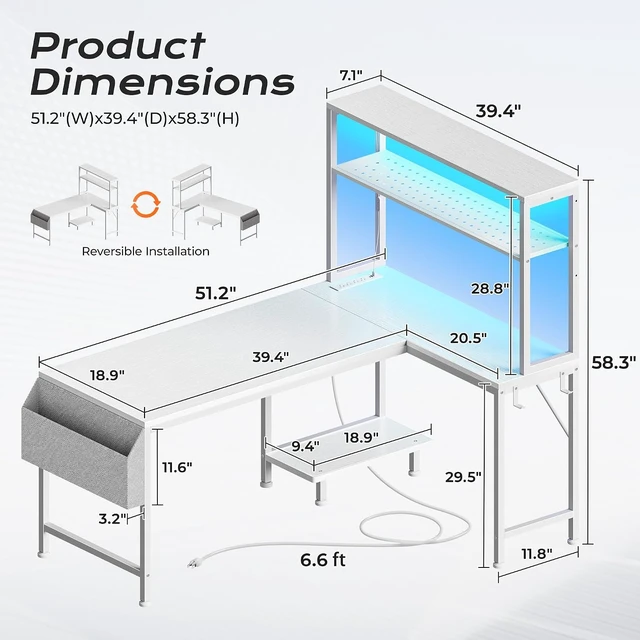 Alt view image 3 of 7 - L Shaped Gaming Desk with LED Lights & Power Outlets,Reversible Computer Desk with Storage Shelves & Bag, Large Corner Home Office Desk with Pegboard for Work from Home, White