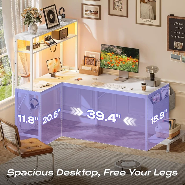 Alt view image 7 of 7 - L Shaped Gaming Desk with LED Lights & Power Outlets,Reversible Computer Desk with Storage Shelves & Bag, Large Corner Home Office Desk with Pegboard for Work from Home, White