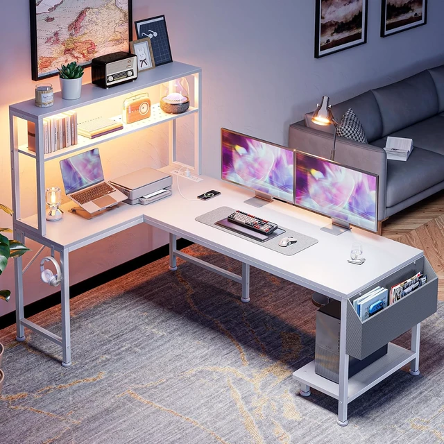 Alt view image 6 of 7 - L Shaped Gaming Desk with LED Lights & Power Outlets,Reversible Computer Desk with Storage Shelves & Bag, Large Corner Home Office Desk with Pegboard for Work from Home, White