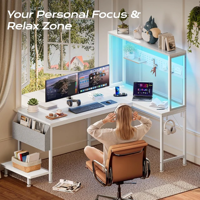 Alt view image 2 of 7 - L Shaped Gaming Desk with LED Lights & Power Outlets,Reversible Computer Desk with Storage Shelves & Bag, Large Corner Home Office Desk with Pegboard for Work from Home, White