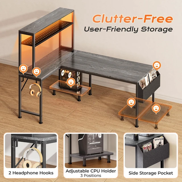 Alt view image 6 of 7 - L Shaped Gaming Desk with LED Lights & Power Outlets,Reversible Computer Desk with Storage Shelves & Bag, Large Corner Home Office Desk with Pegboard for Work from Home, Grey