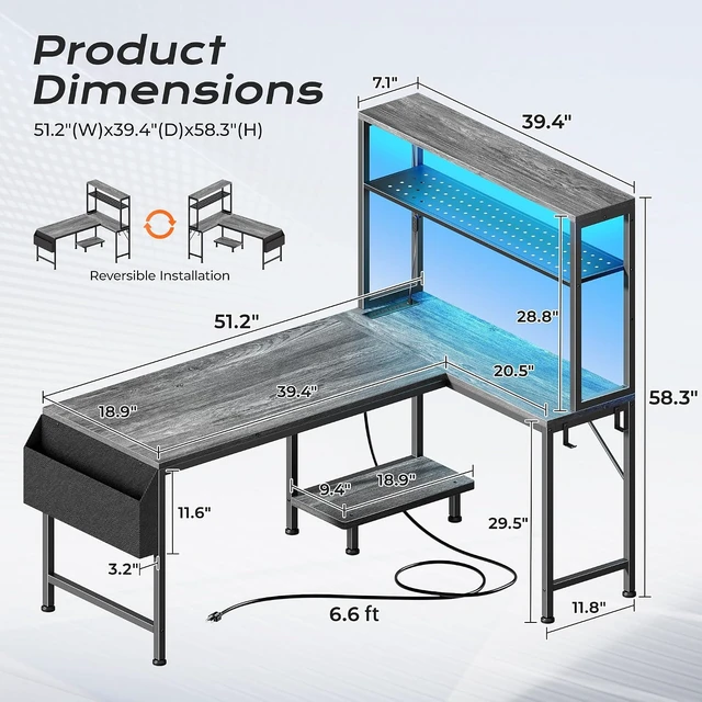 Alt view image 3 of 7 - L Shaped Gaming Desk with LED Lights & Power Outlets,Reversible Computer Desk with Storage Shelves & Bag, Large Corner Home Office Desk with Pegboard for Work from Home, Grey