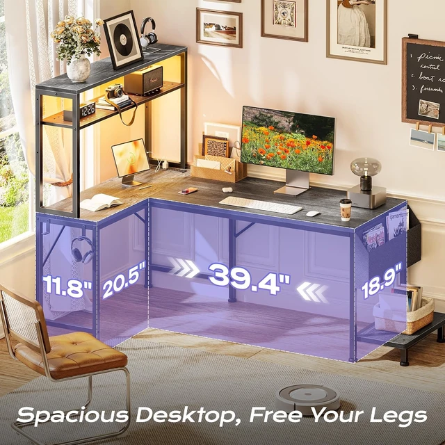 Alt view image 2 of 7 - L Shaped Gaming Desk with LED Lights & Power Outlets,Reversible Computer Desk with Storage Shelves & Bag, Large Corner Home Office Desk with Pegboard for Work from Home, Grey