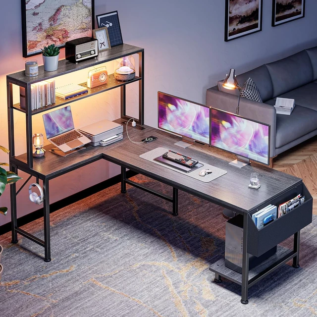 Alt view image 4 of 7 - L Shaped Gaming Desk with LED Lights & Power Outlets,Reversible Computer Desk with Storage Shelves & Bag, Large Corner Home Office Desk with Pegboard for Work from Home, Grey