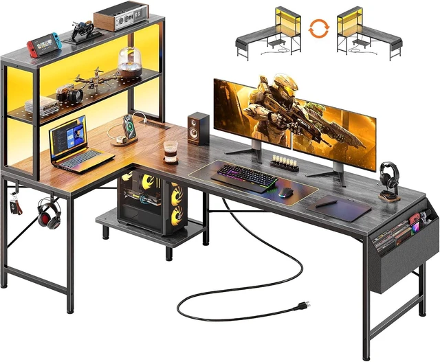 Main image of L Shaped Gaming Desk with LED Lights & Power Outlets,Reversible Computer Desk with Storage Shelves & Bag, Large Corner Home Office Desk for Work from Home, Rustic Brown Grey