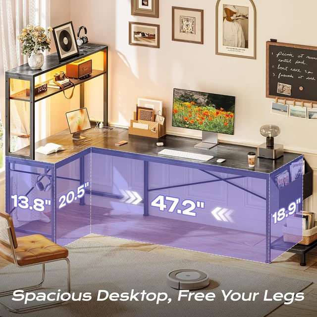 Alt view image 5 of 7 - L Shaped Gaming Desk with LED Lights & Power Outlets,Reversible Computer Desk with Storage Shelves & Bag, Large Corner Home Office Desk for Work from Home, Rustic Brown Grey