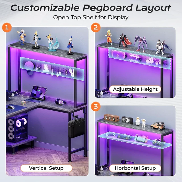 Alt view image 7 of 7 - L Shaped Gaming Desk with LED Lights & Power Outlets,Reversible Computer Desk with Storage Shelves & Bag, Large Corner Home Office Desk for Work from Home, Rustic Brown Grey