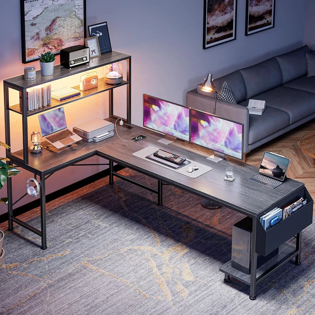 Alt view image 2 of 7 - L Shaped Gaming Desk with LED Lights & Power Outlets,Reversible Computer Desk with Storage Shelves & Bag, Large Corner Home Office Desk for Work from Home, Rustic Brown Grey