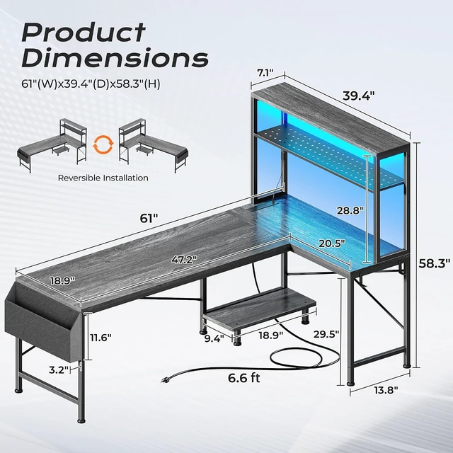 Alt view image 4 of 7 - L Shaped Gaming Desk with LED Lights & Power Outlets,Reversible Computer Desk with Storage Shelves & Bag, Large Corner Home Office Desk for Work from Home, Rustic Brown Grey