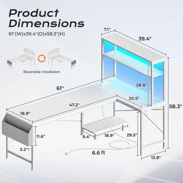 Alt view image 4 of 7 - L Shaped Gaming Desk with LED Lights & Power Outlets,Reversible Computer Desk with Storage Shelves & Bag, Large Corner Home Office Desk with Pegboard for Work from Home, White