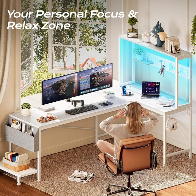 Alt view image 2 of 7 - L Shaped Gaming Desk with LED Lights & Power Outlets,Reversible Computer Desk with Storage Shelves & Bag, Large Corner Home Office Desk with Pegboard for Work from Home, White
