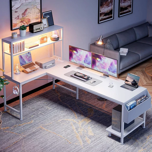 Alt view image 6 of 7 - L Shaped Gaming Desk with LED Lights & Power Outlets,Reversible Computer Desk with Storage Shelves & Bag, Large Corner Home Office Desk with Pegboard for Work from Home, White