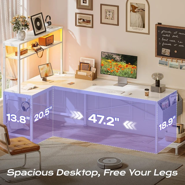 Alt view image 5 of 7 - L Shaped Gaming Desk with LED Lights & Power Outlets,Reversible Computer Desk with Storage Shelves & Bag, Large Corner Home Office Desk with Pegboard for Work from Home, White