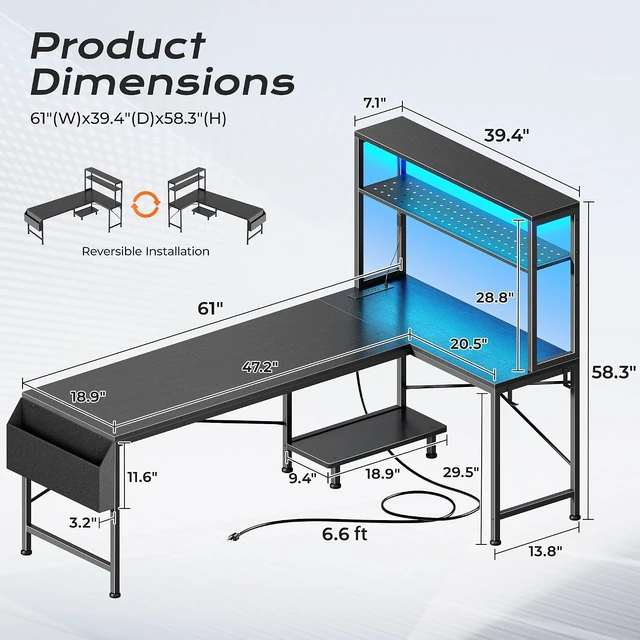 Alt view image 7 of 7 - L Shaped Gaming Desk with LED Lights & Power Outlets,Reversible Computer Desk with Storage Shelves & Bag, Large Corner Home Office Desk with Pegboard for Work from Home, Black