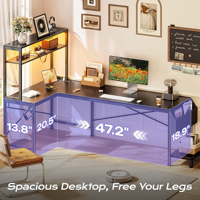 Alt view image 2 of 7 - L Shaped Gaming Desk with LED Lights & Power Outlets,Reversible Computer Desk with Storage Shelves & Bag, Large Corner Home Office Desk with Pegboard for Work from Home, Black