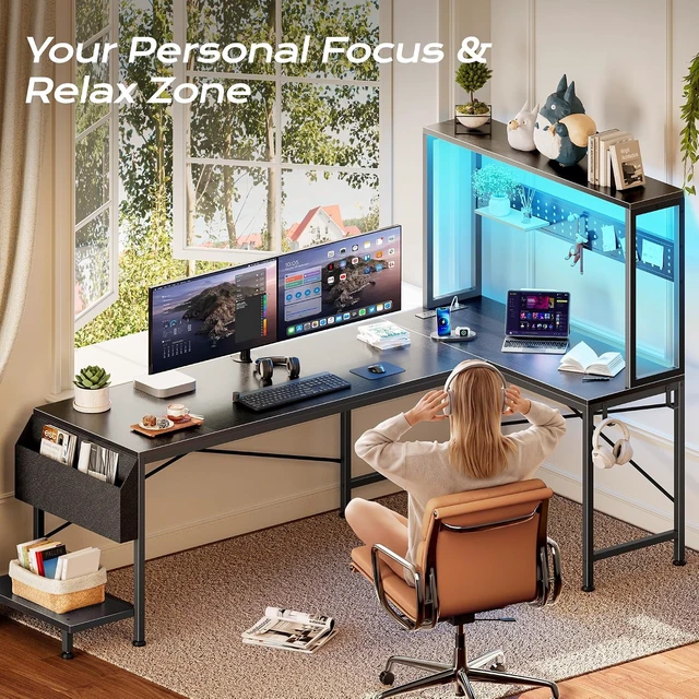 Alt view image 5 of 7 - L Shaped Gaming Desk with LED Lights & Power Outlets,Reversible Computer Desk with Storage Shelves & Bag, Large Corner Home Office Desk with Pegboard for Work from Home, Black