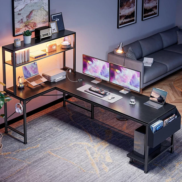 Alt view image 4 of 7 - L Shaped Gaming Desk with LED Lights & Power Outlets,Reversible Computer Desk with Storage Shelves & Bag, Large Corner Home Office Desk with Pegboard for Work from Home, Black