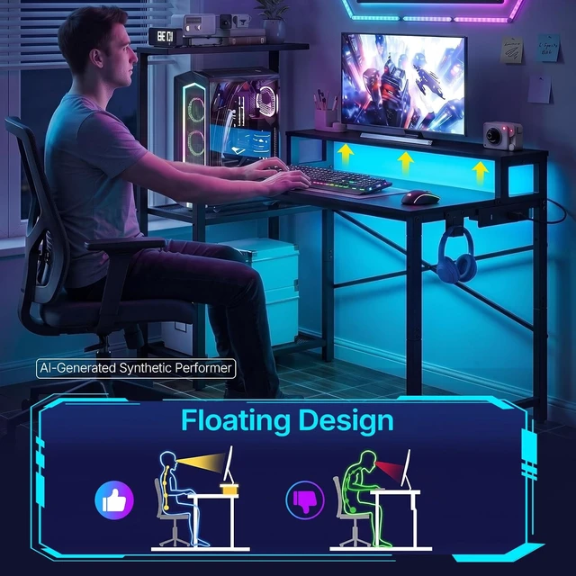 Alt view image 7 of 7 - Computer Desk with LED Light and Power Outlet, Gaming Desk,Reversible Gaming Desk with Monitor Stand and 2 Side Hooks, Home Office Desk for Living Room, Bedroom