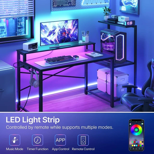 Alt view image 5 of 7 - Computer Desk with LED Light and Power Outlet, Gaming Desk,Reversible Gaming Desk with Monitor Stand and 2 Side Hooks, Home Office Desk for Living Room, Bedroom