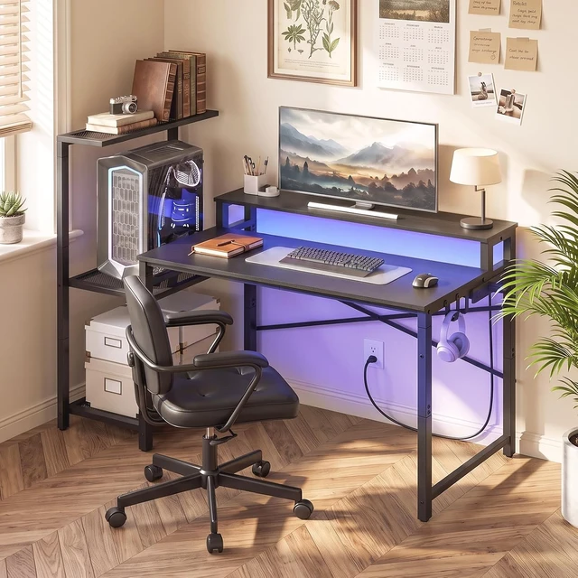 Alt view image 3 of 7 - Computer Desk with LED Light and Power Outlet, Gaming Desk,Reversible Gaming Desk with Monitor Stand and 2 Side Hooks, Home Office Desk for Living Room, Bedroom