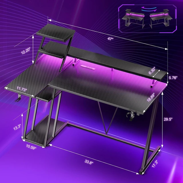 Alt view image 6 of 7 - 47 Inch Gaming Desk with LED & Power Outlet, Carbon Fiber Black,L Shaped Computer Desk, Gamer Workstations, Storage Shelves, Monitor Stand, for Bedroom & Gaming Room
