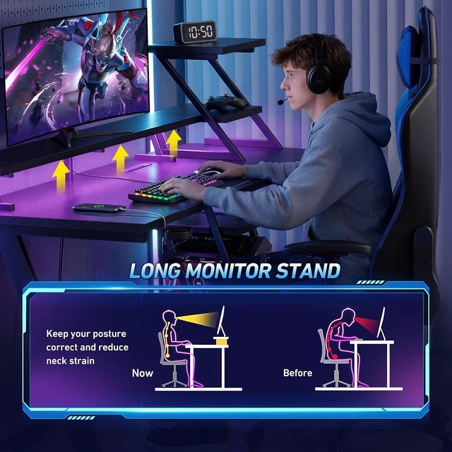 Alt view image 3 of 7 - 47 Inch Gaming Desk with LED & Power Outlet, Carbon Fiber Black,L Shaped Computer Desk, Gamer Workstations, Storage Shelves, Monitor Stand, for Bedroom & Gaming Room
