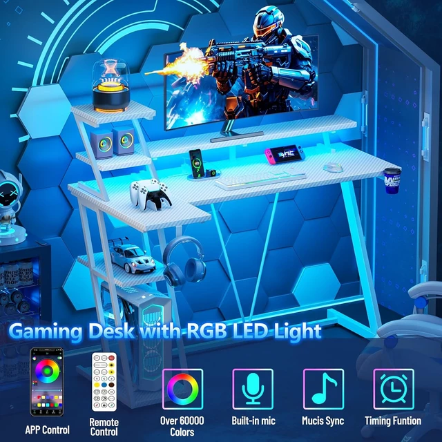 Alt view image 7 of 7 - 47 Inch Gaming Desk with LED & Power Outlet, Carbon Fiber White,L Shaped Computer Desk, Gamer Workstations, Storage Shelves, Monitor Stand, for Bedroom & Gaming Room