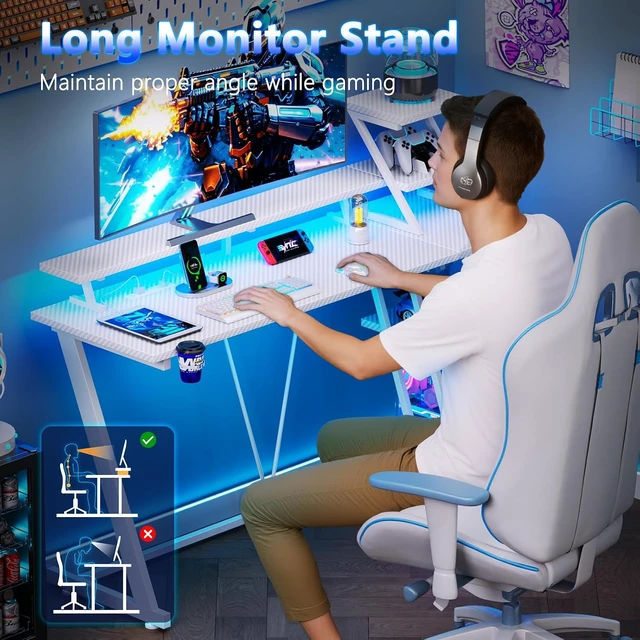 Alt view image 6 of 7 - 47 Inch Gaming Desk with LED & Power Outlet, Carbon Fiber White,L Shaped Computer Desk, Gamer Workstations, Storage Shelves, Monitor Stand, for Bedroom & Gaming Room