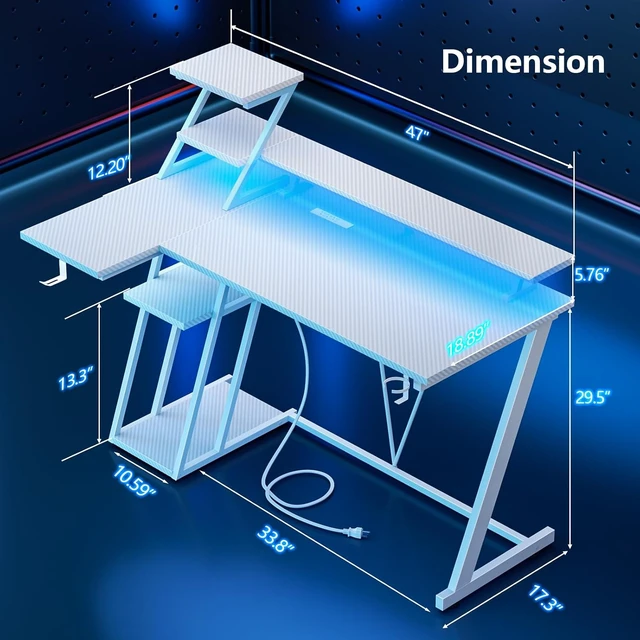 Alt view image 2 of 7 - 47 Inch Gaming Desk with LED & Power Outlet, Carbon Fiber White,L Shaped Computer Desk, Gamer Workstations, Storage Shelves, Monitor Stand, for Bedroom & Gaming Room