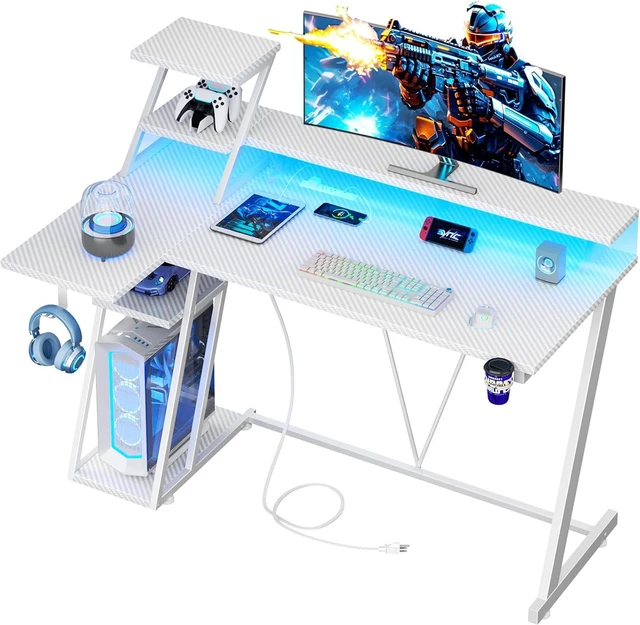 Main image of 47 Inch Gaming Desk with LED & Power Outlet, Carbon Fiber White,L Shaped Computer Desk, Gamer Workstations, Storage Shelves, Monitor Stand, for Bedroom & Gaming Room