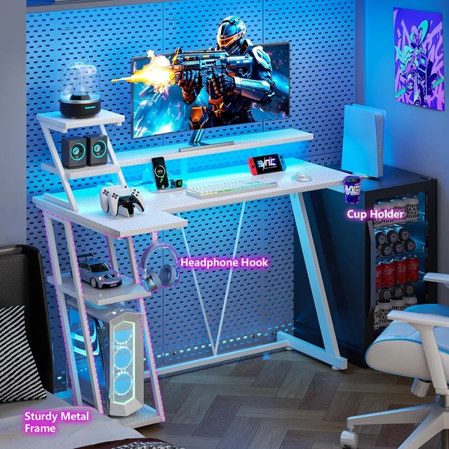 Alt view image 4 of 7 - 47 Inch Gaming Desk with LED & Power Outlet, Carbon Fiber White,L Shaped Computer Desk, Gamer Workstations, Storage Shelves, Monitor Stand, for Bedroom & Gaming Room
