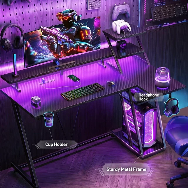 Alt view image 6 of 7 - 55 Inch Gaming Desk with Power Outlet, LED, Monitor Stand, Black,Gaming Computer Desk, L Shaped Gamer Workstations, Storage Shelves, for Bedroom & Gaming room
