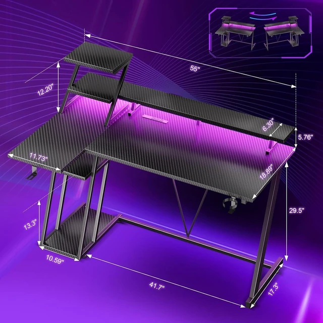 Alt view image 5 of 7 - 55 Inch Gaming Desk with Power Outlet, LED, Monitor Stand, Black,Gaming Computer Desk, L Shaped Gamer Workstations, Storage Shelves, for Bedroom & Gaming room