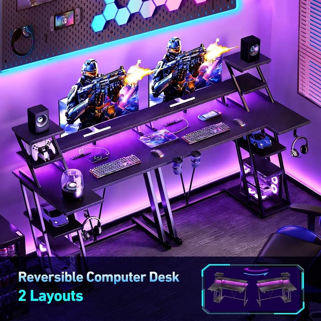 Alt view image 4 of 7 - 55 Inch Gaming Desk with Power Outlet, LED, Monitor Stand, Black,Gaming Computer Desk, L Shaped Gamer Workstations, Storage Shelves, for Bedroom & Gaming room