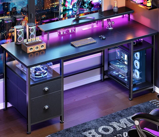Main image of 61" Gaming Desk with Outlets & LED, Large Computer Desk, Black,AC Outlets & USB, Ergonomic Monitor Stand, Drawer & File Cabinet, Adjustable Shelf, Reversible Table for Bedroom, Dorm