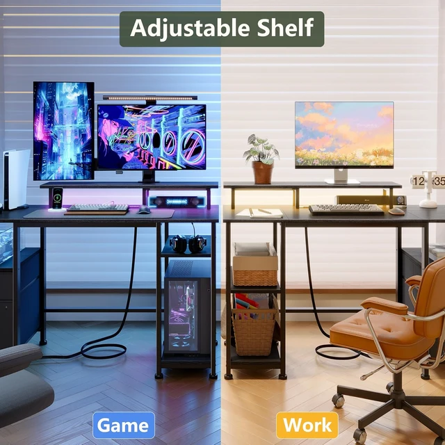 Alt view image 2 of 7 - 61" Gaming Desk with Outlets & LED, Large Computer Desk, Black,AC Outlets & USB, Ergonomic Monitor Stand, Drawer & File Cabinet, Adjustable Shelf, Reversible Table for Bedroom, Dorm