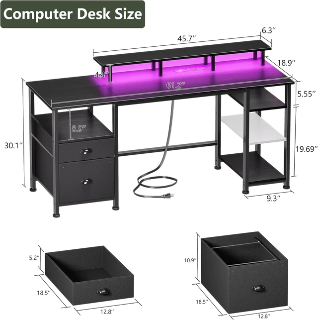 Alt view image 4 of 7 - 61" Gaming Desk with Outlets & LED, Large Computer Desk, Black,AC Outlets & USB, Ergonomic Monitor Stand, Drawer & File Cabinet, Adjustable Shelf, Reversible Table for Bedroom, Dorm
